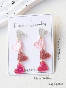 一对亚克力可爱三心耳环，闪亮粉色心形耳环，甜美时尚耳环，情人节派对礼物 - 四連愛心 - 查看 4