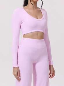 1 pieza Parte superior de yoga de manga larga con sujetador incorporado, diseño sin espalda para correr al aire libre, fitness, pilates - Rosa - Ver 4