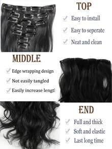 امتدادات شعر مموجة بطول 32 بوصة، 7 قطع/مجموعة، قطع شعر سميكة، تصميم مشبك غير مرئي، ألياف صناعية ناعمة، لون أسود، للنساء - متعدد الألوان - مشاهدة 7