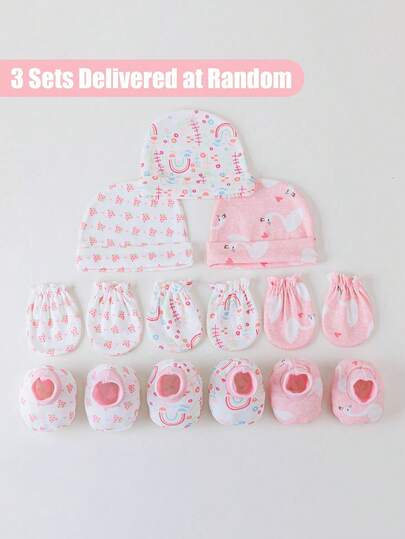 3pcs Soft & Skin-Friendly Newborn Set (Hat + Mittens + Booties), Cute Printed Design, Random Color, Suitable For Daily Wear, Sleeping And Gift