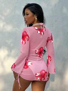 Sweety 3pcs/Set Vacation Beach Floral Jacquard Bikini Set For Summer 3pcs/Set Beach Resort Spring/Summer New Pearl Buckle Chiffon Print Halter Top, Bra Top & Bottom Swimwear,Cover Up Skirt,Removable Swimwear PadsSwimsuit,Summer Dresses For Women,Summer Clothes Women,Festival,Skirts,Ibiza Outfits,Swimwear Women,Bikini Set,Swimming Costume Women,Beach Wear Women,Holiday Co Ord,Beach Dress,Bikinis For Women Sets - Multicolor - View 2