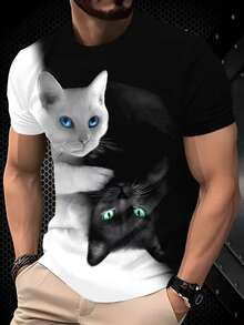 男士休闲3D猫咪印花短袖T恤，夏季 - 彩色 - 查看 2