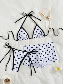 新盛源 2026 3件套新年、情人节服装，显瘦，欧美时尚，奢华印花图案，后背系带，露肩上衣，性感波西米亚波点挂脖露背比基尼，侧边系带泳裤，高弹力泳衣，可拆卸泳垫，可爱柔软的女士褶皱泳衣。 - 彩色 - 查看 9