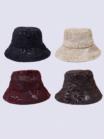 1 pieza Sombrero de cubo con estampado floral bohemio de poliéster con lentejuelas y parches, sombrero de sol ancho de moda con lentejuelas y flores, plegable y transpirable para primavera/verano/otoño