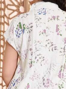 ASBB 重工刺繡 3D 仿縫線彩色印花阿拉伯女式 JALABIYA 連衣裙，流蘇蕾絲 V 領拼接百褶清新白色優雅洋裝，2026 春夏休閒穿搭 - 粉色 - 查看 4
