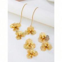 1 Pair Women's Vintage Elegant Metallic Gold Textured Floral Pendant Earrings - Yellow Gold-3 - View 6