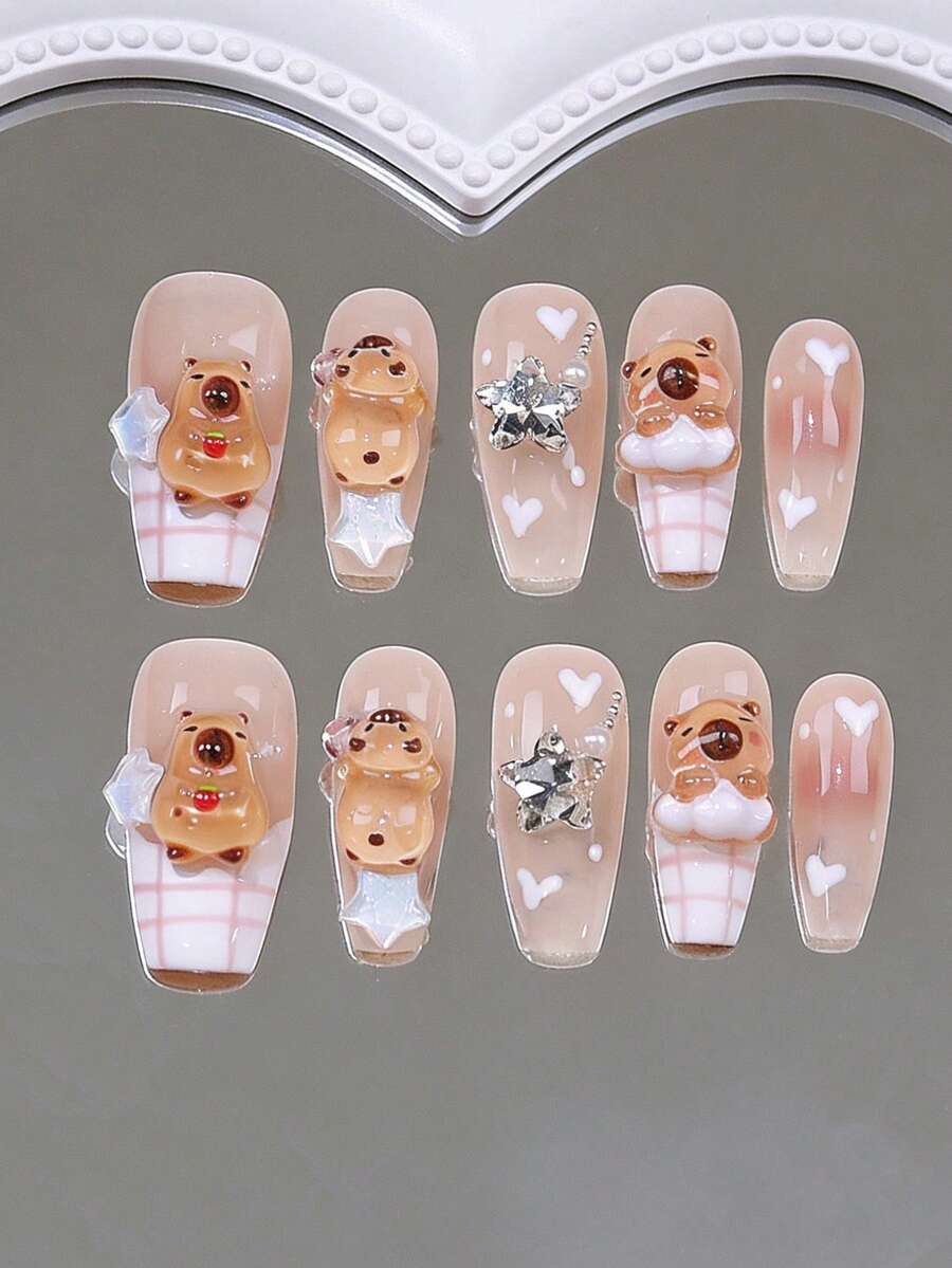 10片可爱卡通3D水鼠、五芒星、心形水钻美甲贴纸，手绘心形装饰，五芒星宝石，白色珍珠，法式美甲，亚克力按压式美甲贴片，法式按压式美甲贴片，可爱美甲，DIY美甲用品，适合女性和女孩日常佩戴、派对、聚会、角色扮演，女士礼物 - 彩色 - 查看 1