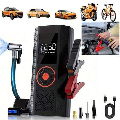 Denna multifunktionella bilstartare har en bärbar luftkompressor, trådlös luftpump, bilbatteriförstärkare, powerbank och LED-ficklampa (utrustad med 7,4/14,8V 2000mAh litiumjonbatteri). Lämplig för bilar, motorcyklar, och basketbollar, ett idealiskt val för biltillbehör, viktig vägutrustning och presenter.