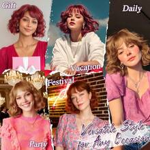 Peluca corta ondulada BARSDAR con flequillo, peluca roja cobrizo con ondas cortas y rizadas, pelucas francesas texturizadas con flequillo para mujeres, pelucas de cabello sintético de aspecto natural para Halloween - Mezcla de negro y marrón castaño rojizo - Ver 3