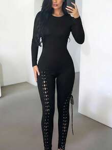 DOUCIU Lace-Up Women's Sexy Hollow Out Long Sleeve Jumpsuit Street Event Outfit - Black - View 2