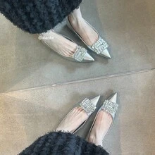 Zapatos de mujer elegantes de estilo francés que aumentan la altura, primavera 2025, punta afilada, hebilla cuadrada de rhinestone, zapatos planos de noche a juego - Plateado - Ver 4