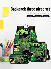 3pcs Boys' Backpack Set - Dinosaur Pattern Fabric, Large Capacity Multi-Function Zipper Closure, Casual Schoolbag, Suitable For Daily Use And Travel