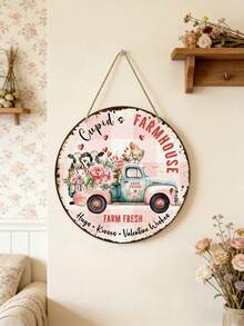 Cupid's Farmhouse Love Truck Valentine Wreath Sign - Wooden Round Decorative Door Sign, Suitable For Home, Kitchen, Garden, And Outdoor, Perfect Holiday Gift - Multicolor - View 2