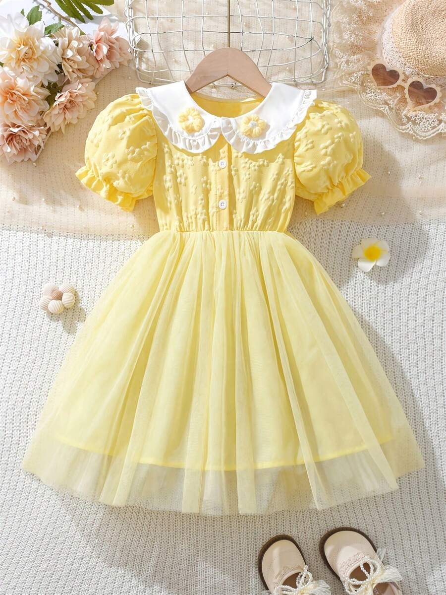 女童圆领前扣泡泡袖公主薄纱连衣裙，休闲连衣裙 - 黃色 - 查看 1
