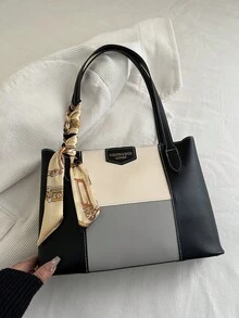 1个简约纯色单肩托特包，带围巾，适合购物、装钱包，适合年轻女性、大学生、新婚夫妇、上班族女性。非常适合办公室、大学、工作、商务、通勤、户外活动、旅行和野餐。 - 灰色 - 查看 7