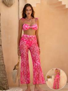 Elegant Women's Pink Floral High Slit Bikini Set With Sheer Long Pants, High Stretch Fabric, Tie Shoulder Swimsuit - Pink - View 1