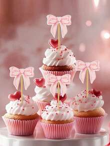 12个粉色蝴蝶结蛋糕装饰，生日派对蛋糕装饰，适用于新娘送礼会、婚礼、生日、粉色主题派对装饰，适用于各种活动和派对，生日派对用品 - 彩色 - 查看 1