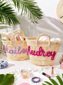 Personalized Woven Bridesmaid Bag, Bachelorette Party Tote, Custom Handled Gift Basket And Beach Bag, Gift For Weddings, Colorful DIY Burr Basket - Multicolor - View 5