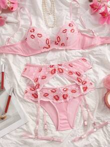 情人节性感内衣套装，粉色蕾丝爱心文胸套装，包含文胸、内裤、腰环和腿环，打造私密卧室情趣。 - 粉色 - 查看 3