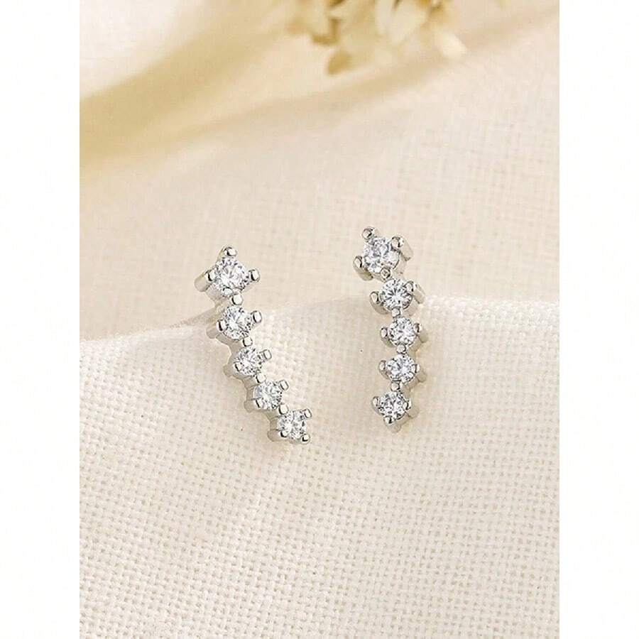 1pair Small Cubic Zirconia Inlaid Meteor Shaped Minimalist Curved Stud Earrings - Antique Silver - View 1