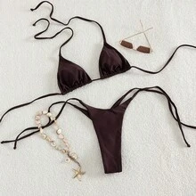 New Bohemian Style Elegant Cute 2pcs Set Chocolate Brown Solid Color Sexy Cute Mini Bra And Thong, Beachwear Summer Beach Vacation Pool Party Nightclub Music Festival - Brown - View 7
