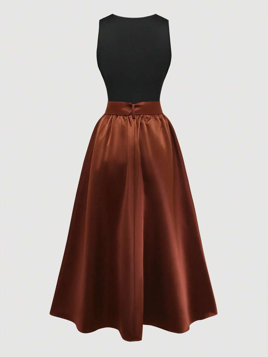 Women's Elegant Woven Fabric Fit And Flare Midi Dress With Zipper And Belt Detail - Brown - View 1