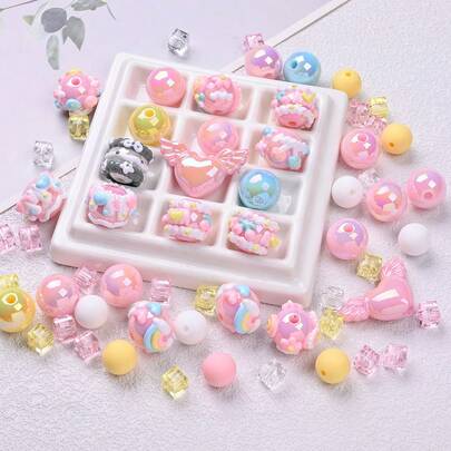 52pcs Y2K Sweet Pink Hand-Painted Beads + Angel Wings Heart Acrylic Bead Set, Multifunctional DIY Beading, Suitable For Wedding Decor, Anniversary Handmade Gifts, For Couples, Family, Friends