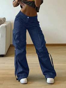 Quần cargo phong cách Y2K, túi nắp, chi tiết dây đeo, quần ống rộng thoải mái, nhẹ, thích hợp cho nữ mùa xuân. - xanh đậm - Xem 3