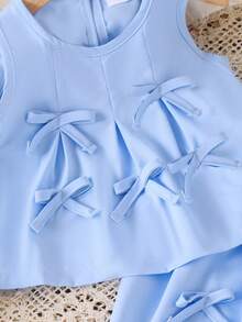 2pcs Baby Girls Cute Pleated Bow Sleeveless Top And Long Pants Set, Summer