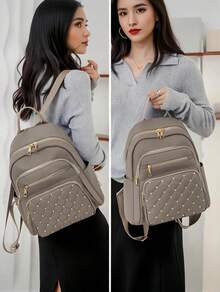 Casual Backpack For Women Vintage Fashion Backpacks Purse Solid Color Diamond Check Handbags Shoulder Bag 2026 - Màu Khaki - Xem 7