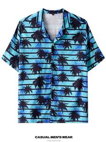 Men's Striped Tropical Print Casual Outdoor Shirt - Mint Blue - View 2