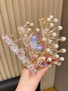 3pcs Shiny Faux Pearl Butterfly Crown Hair Accessories, Suitable For Party & Holiday Hairstyles, Perfect Hair Decor Gift For Cute Girls - Multicolor - View 6