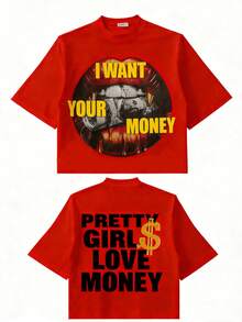 Fly "I Want Your Money" Hip-Hop Flow T-Shirt Pure Cotton Double-Sided Printed T-Shirt, Suitable For Men And Women,Top Pick Gift For Summer Casual Tees - 紅色 - 查看 10
