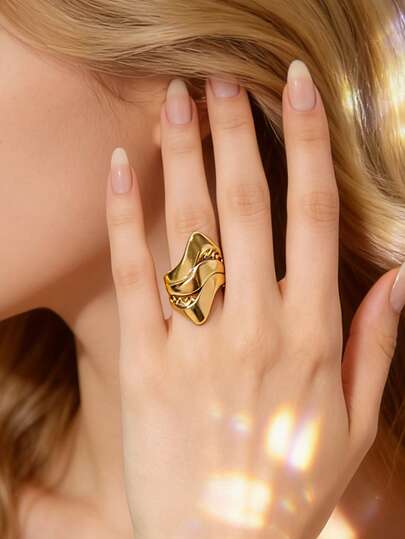 Mazuer 1枚复古奢华18K镀金不对称镂空设计不锈钢戒指，女士派对配饰，独特戒指
