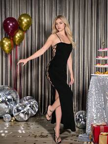 Spaghetti Strap Dress With Side Lace-Up Sexy High Slit Dress - Black - View 2