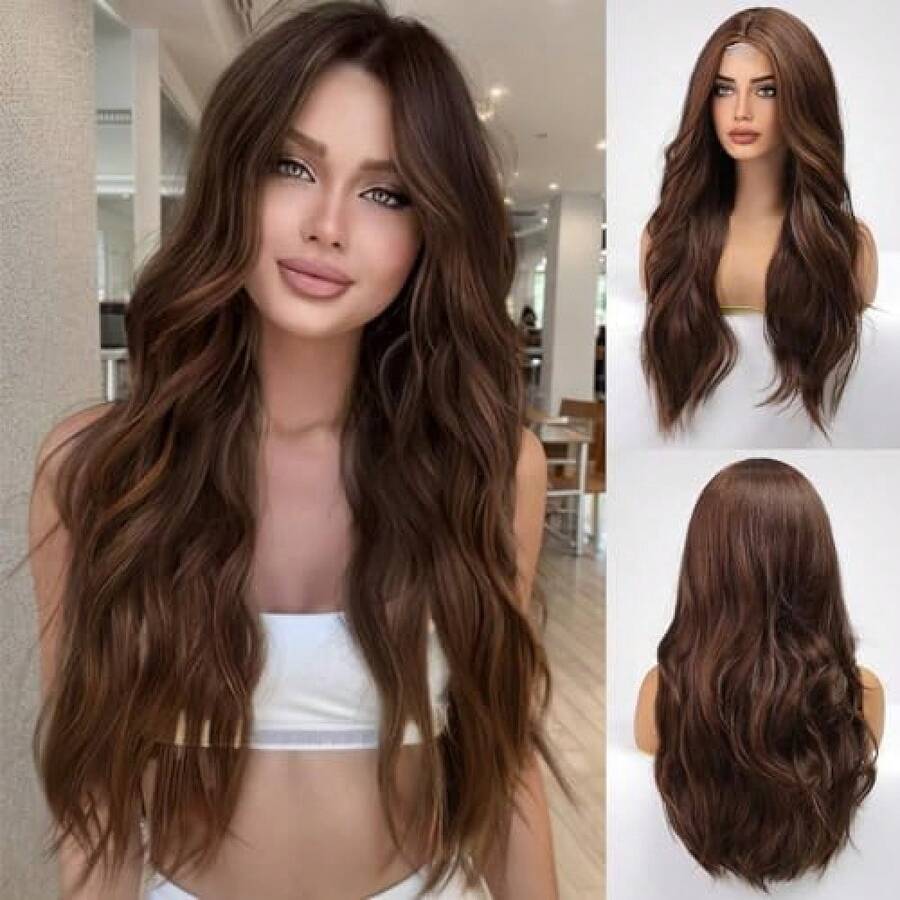 Peluca ondulada larga ombre marrón para mujeres, pelucas de encaje frontal de aspecto natural, peluca rizada de 66 con raya en medio - Marrón mixto - Ver 1
