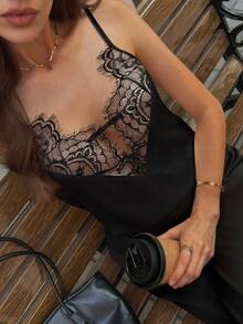 HUACAIT 性感蕾丝缎面拼接吊带背心，女士露背性感上衣，适合万圣节、派对、海滩度假等休闲场合，黑色夏季款 - 黑色 - 查看 6