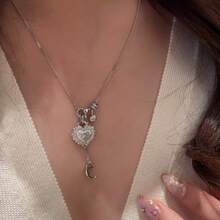 1pc New Luxury Mythical Heart Moon & Detachable Heart Pendant Necklace, Eid Mubarak - Multicolor - View 2