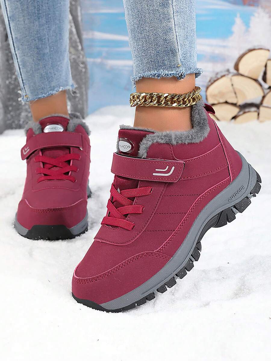 Women's Faux Fur Snow Boots, Waterproof Winter Boots With Fleece Lining, Slip Resistant Hiking Boots For Women, Warm Ankle Boots With Lace-Up - Cozy Winter Gift - 紅色 - 查看 1