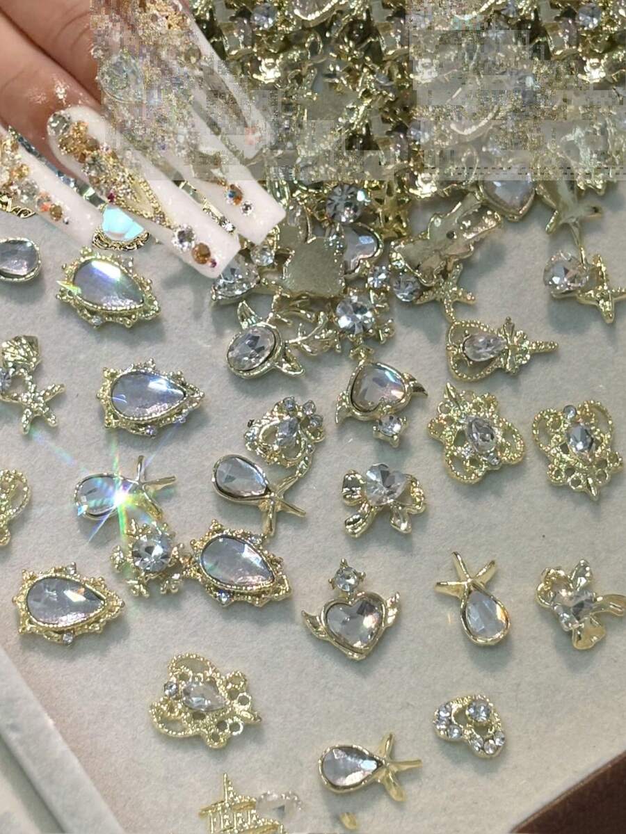 30pcs/50pcs 3D Golden Nail Art Decorations, Suitable For Acrylic Nails, Mixed Styles, Rhinestone Nail Jewelry, Metallic Nail Pearls, Shiny Zirconia Nail Diamonds, Alloy Nail Art Accessories, Pearl Nail Gems, Cute Nail Design Charms - White - View 1