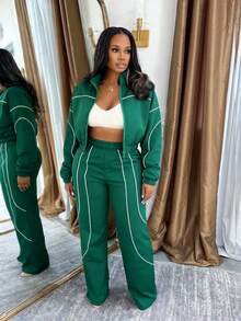 黑白撞色条纹两件套运动服，包括一件短款拉链外套和一条阔腿裤，休闲时尚，弹性腰带，适合日常外出和街头潮流，四季皆宜。 - 綠色 - 查看 4