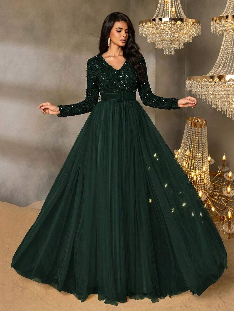 Faeriesty 优雅长款派对礼服 | 长袖深V领，高开衩下摆，闪亮弹力面料，修身剪裁，适合正式晚宴、派对、新年庆祝活动、婚礼、盛大晚会和其他场合。