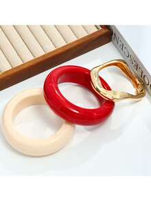 1pc Asymmetrical Red Acrylic Resin Bangle, Metallic Smooth Bracelet, Accessory - Bracelet - View 3