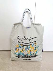 1 chiếc túi tote nylon dáng rộng, thêu hoa, nhẹ, có thể gấp gọn, dung tích lớn, dây đeo vai điều chỉnh được, thích hợp cho đi làm, đi biển, lễ hội, tiệc tùng. - Nhiều màu - Xem 7