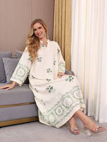 2026新款斋月传统优雅刺绣V领长袖女式连衣裙 - 黃色 - 查看 10