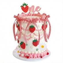 D36 Pcs Strawberry Cake Topper Fake Strawberry Cake Decorations Daisy Flowers Plaid Bow Birthday Party Wedding Plies - As Pic - View 1