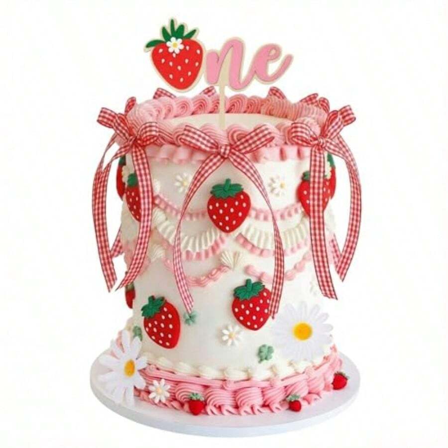 D36 Pcs Strawberry Cake Topper Fake Strawberry Cake Decorations Daisy Flowers Plaid Bow Birthday Party Wedding Plies - As Pic - View 1