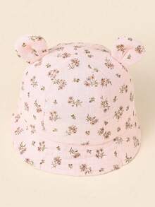 TUTUYA Baby Bucket Hat, Unisex Ditsy Floral Sun Hat With Ear Decor, Soft & Comfortable, Suitable For 0-24 Months Babies, White/Pink, With Chin Strap, For Daily/Outdoor/Play Use - Pink - View 2