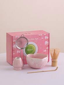 日本陶瓷抹茶搅拌器套装，蝴蝶结礼盒，心形，抹茶茶道用具，限量版粉色礼盒，女士适用，圣诞节、情人节、生日、感恩节礼物 - 彩色 - 查看 1