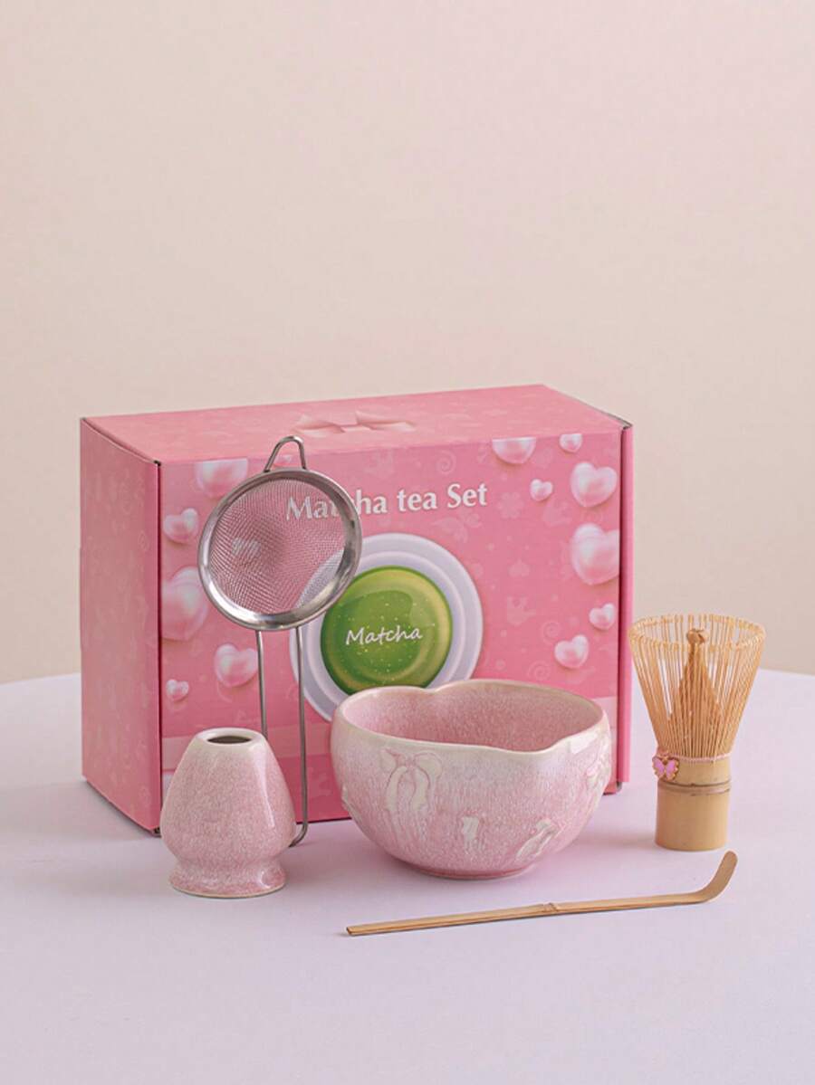 日本陶瓷抹茶搅拌器套装，蝴蝶结礼盒，心形，抹茶茶道用具，限量版粉色礼盒，女士适用，圣诞节、情人节、生日、感恩节礼物 - 彩色 - 查看 1